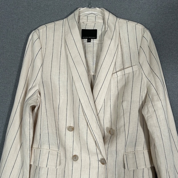 Banana Republic women size 16 double breasted blazer beige stripe 100% linen - Picture 2 of 11